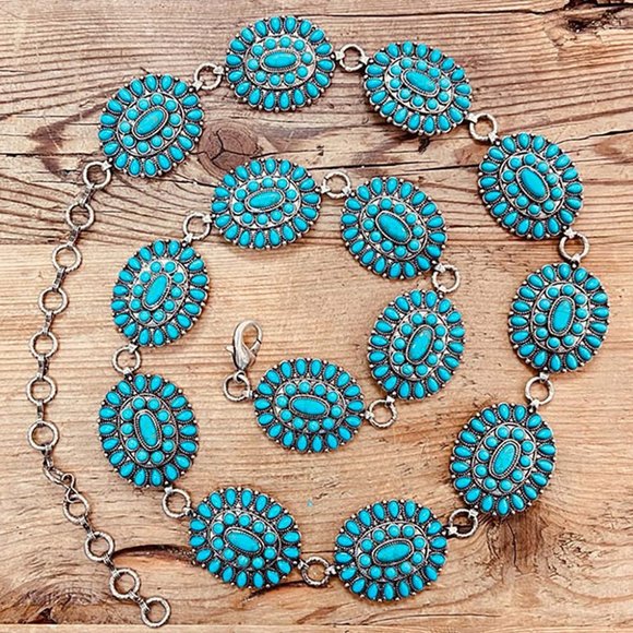 Turquoise Natural Stone Antique Metal Squash Blossom Boho Westen Style Link Belt - Picture 1 of 2